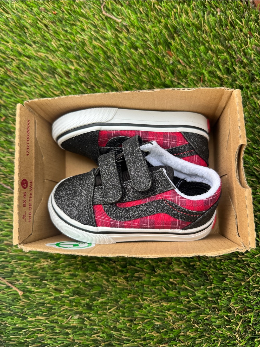 Vans Kids Sneakers in Red Plaid and Black Glitter